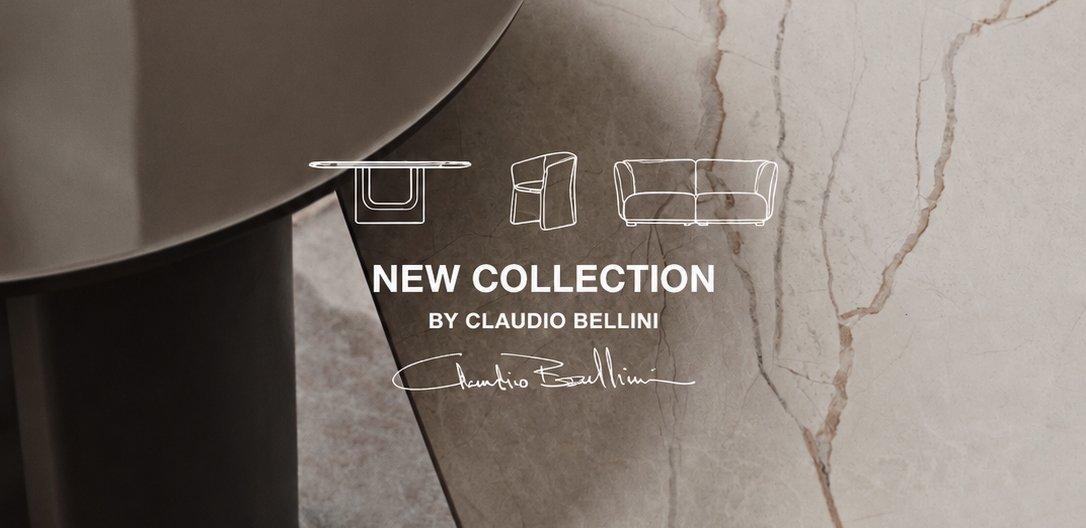 家具の線画と「NEW COLLECTION BY CLAUDIO BELLINI」の文字。