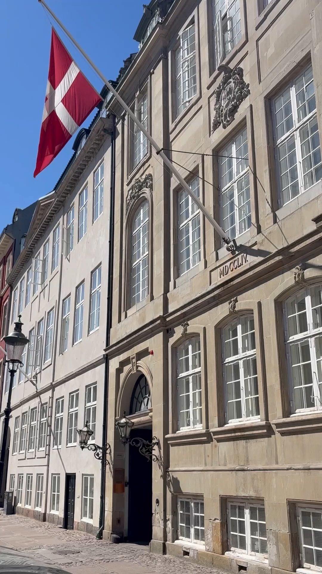 Danish flag flying outside a historic stone building with tall windows and an arched doorway.