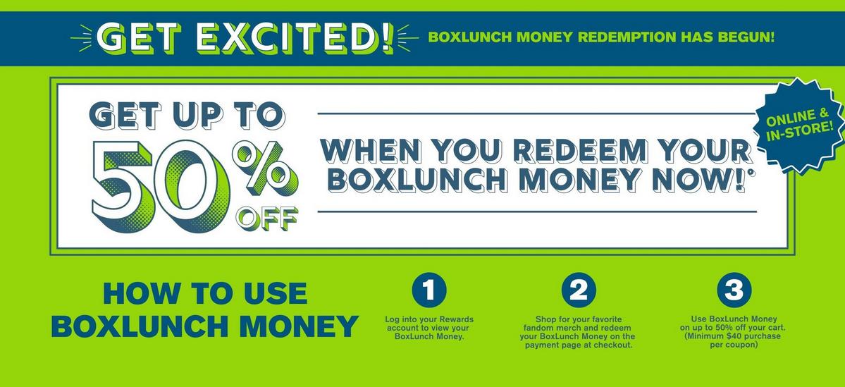 Get Up To 50% Off When You Redeem Your BoxLunch Money