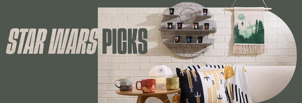New Arrivals! Star Wars Home Goods featuring Mugs, Death Star Wall Shelf & Lantern, Star Wars Endor Scenic Woven Wall Art, Ships Pillow & Knot Throw