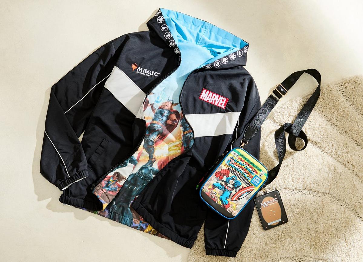 Magic: The Gathering x Marvel Reversible Windbreaker and Captain America Comic Cover Crossbody Bag with Card Sleeve Charm - BoxLunch Exclusives