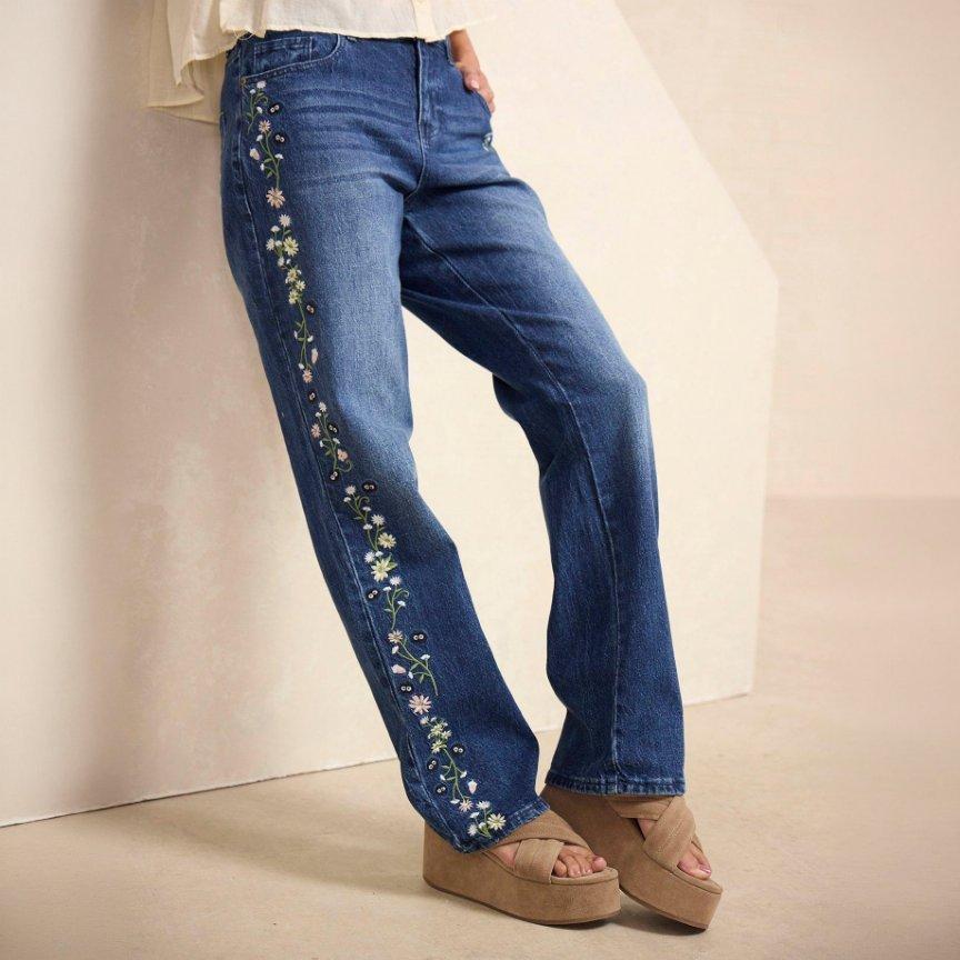 Studio Ghibli® My Neighbor Totoro Soot Sprites Floral Embroidered Women's High-Waisted Straight Jeans - BoxLunch Exclusive