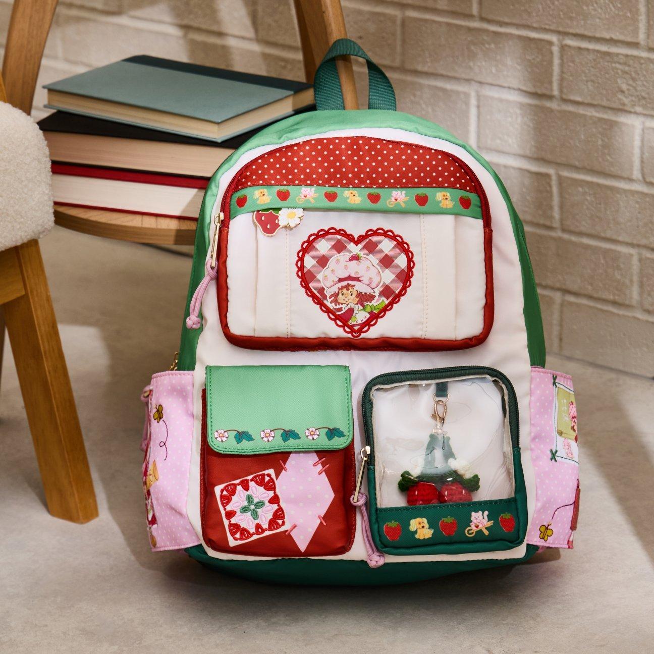 Strawberry Shortcake Patchwork Multi-Pocket Backpack with Crochet Strawberry Charm - BoxLunch Exclusive