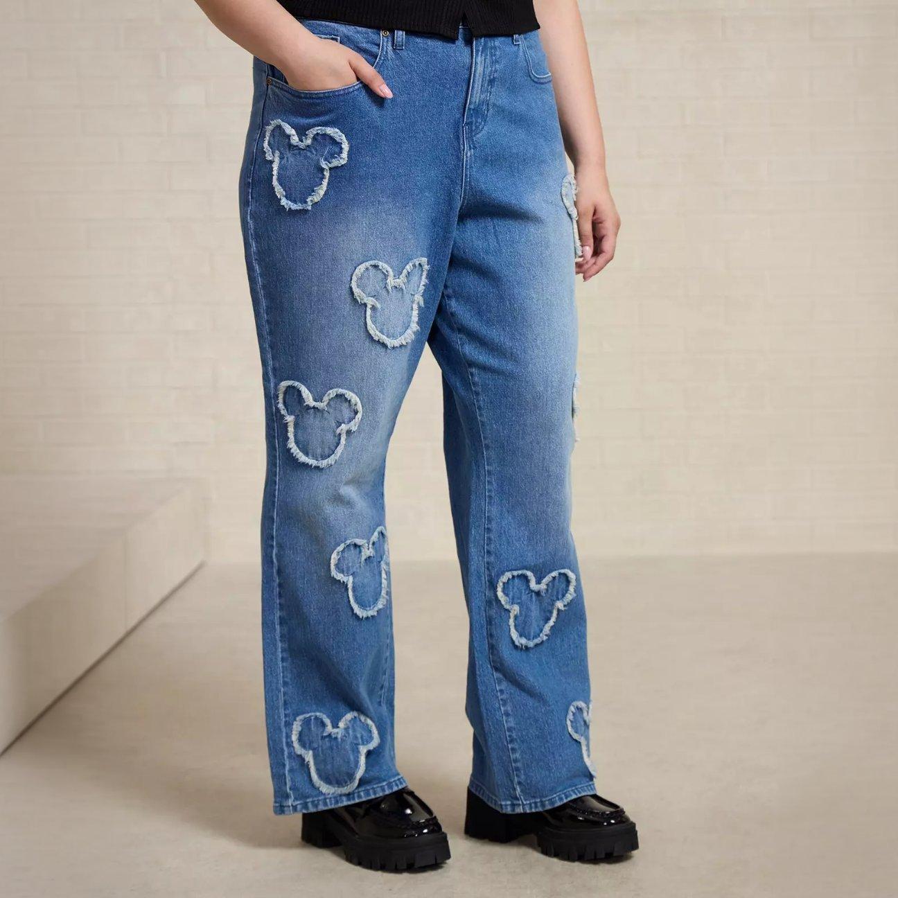 Disney Mickey Mouse Silhouette Denim Patch Women's High Waist Straight Plus Size Jeans - BoxLunch Exclusive