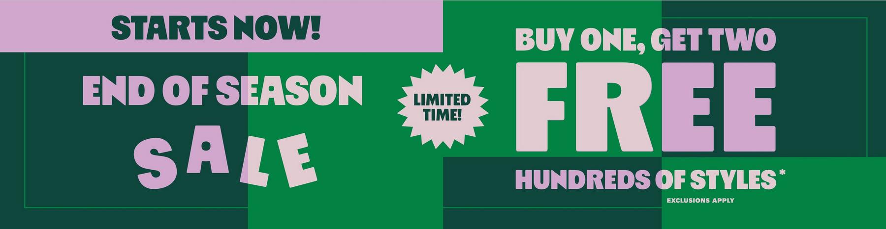 Promotional banner reads “End of season sale” and “Buy one, get two free” with “Limited time!”. Shop Now.