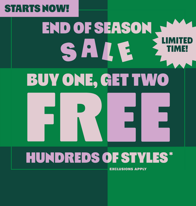 Promotional graphic reading “End of Season Sale” and “Buy one, get two free,” with “Limited time!”. Shop Now.