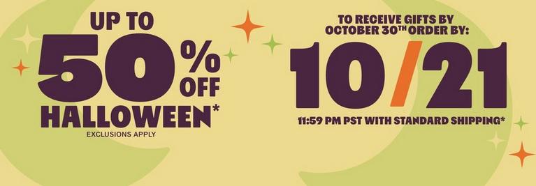 Promotional graphic reading “UP TO 50% OFF HALLOWEEN*” with “EXCLUSIONS APPLY.” Shop Now.