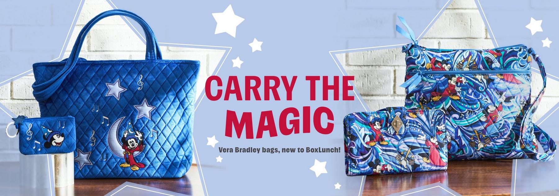 Vera Bradley Disney Mickey Mouse tote, wristlet, and crossbody bags with “CARRY THE MAGIC” text. Shop Now.