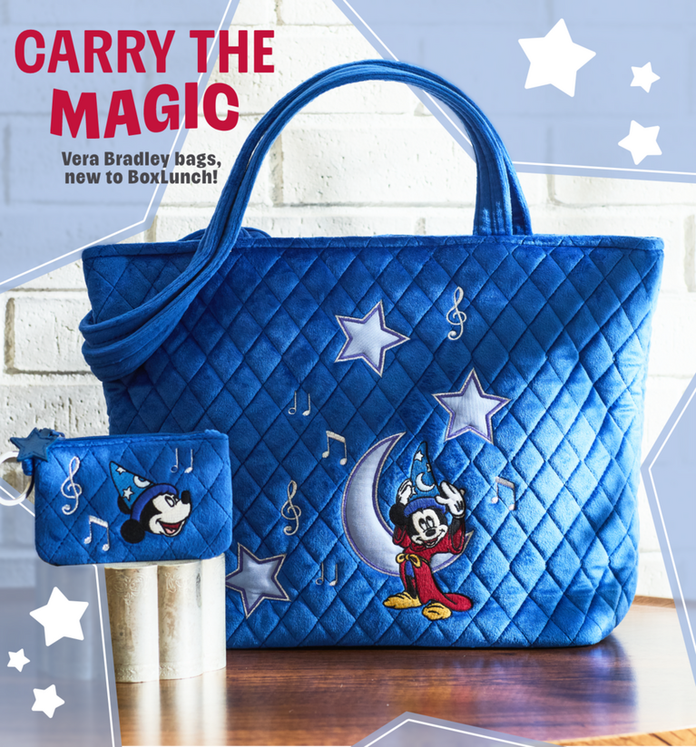 Blue quilted Vera Bradley tote and pouch with Sorcerer Mickey, stars, and music notes. Shop Now.