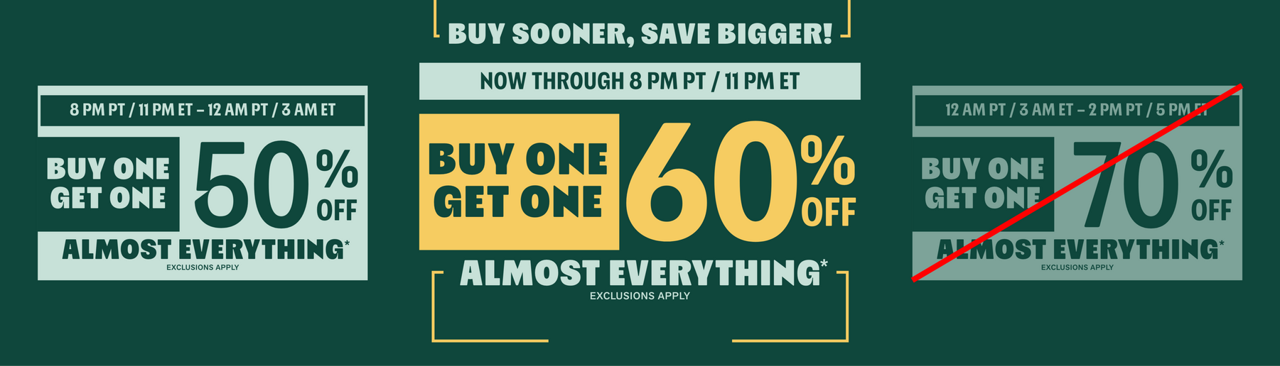 Promotional graphic: “Buy one get one 60% off almost everything,” with time windows and crossed-out 70% offer. Shop Now.