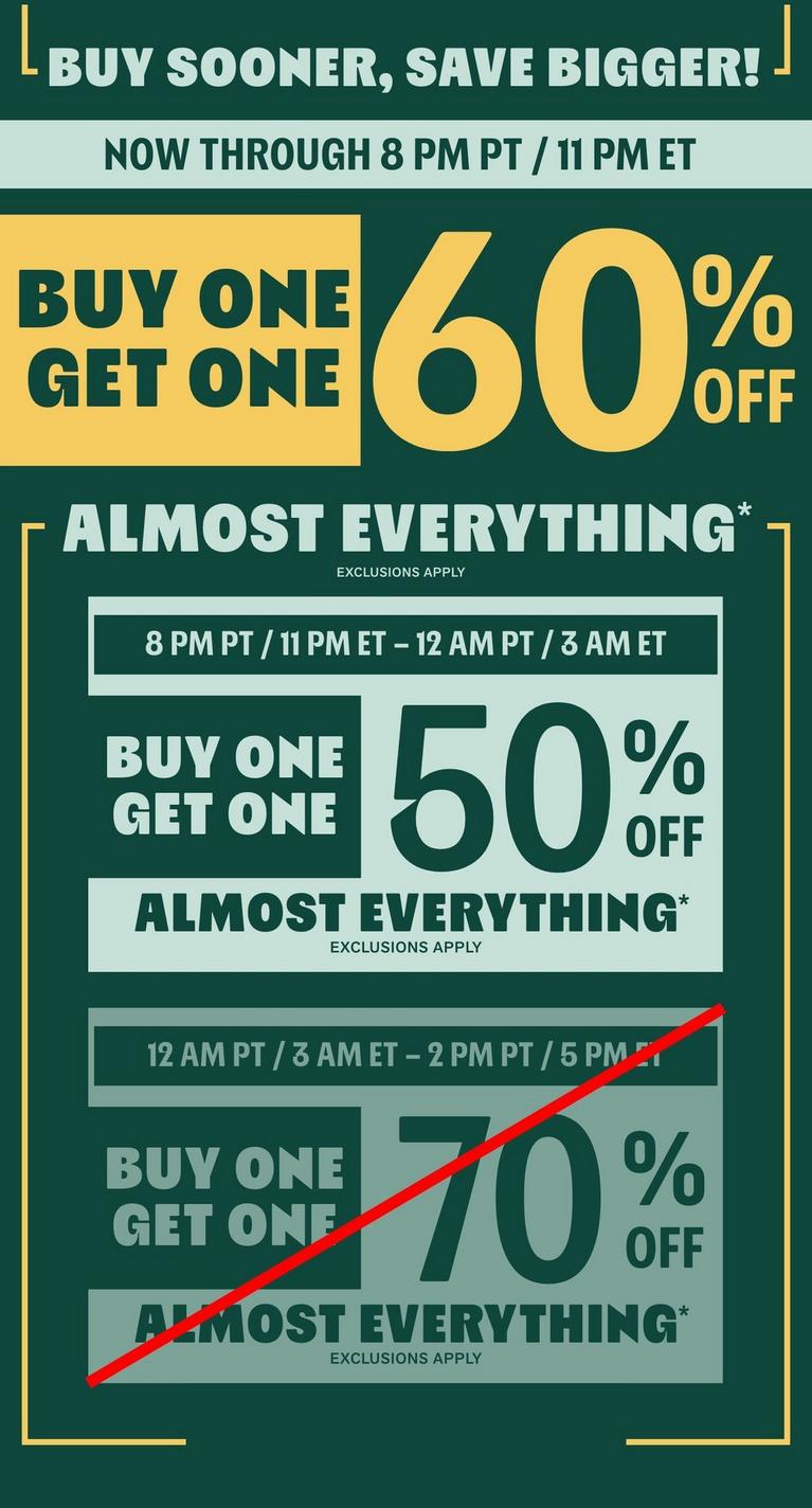 Promotional graphic: “Buy one get one 60% off almost everything,” with time windows and crossed-out 70% offer. Shop Now.