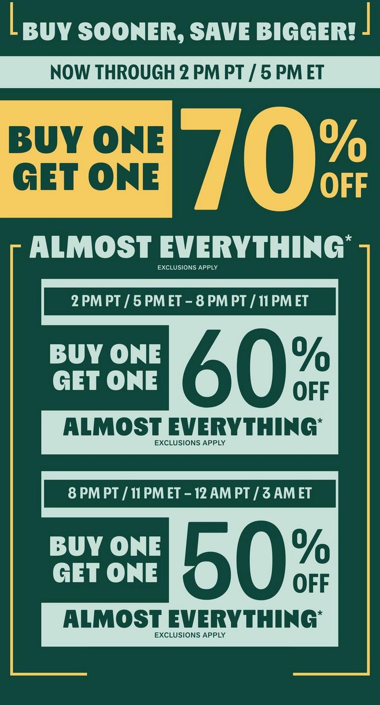 Promotional graphic: "Buy one get one 70% off almost everything," with later time windows for 60% and 50% off. Shop Now.