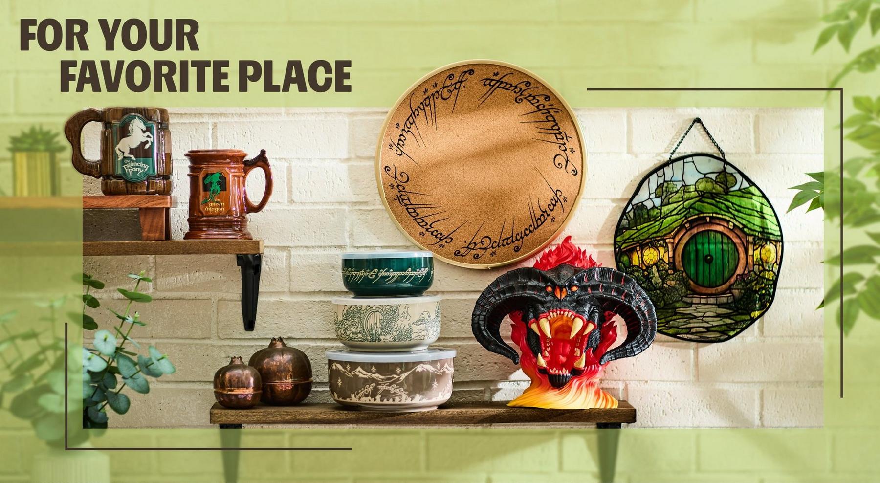 Fantasy-themed mugs, bowls, and wall art displayed on shelves, with text “FOR YOUR FAVORITE PLACE”.