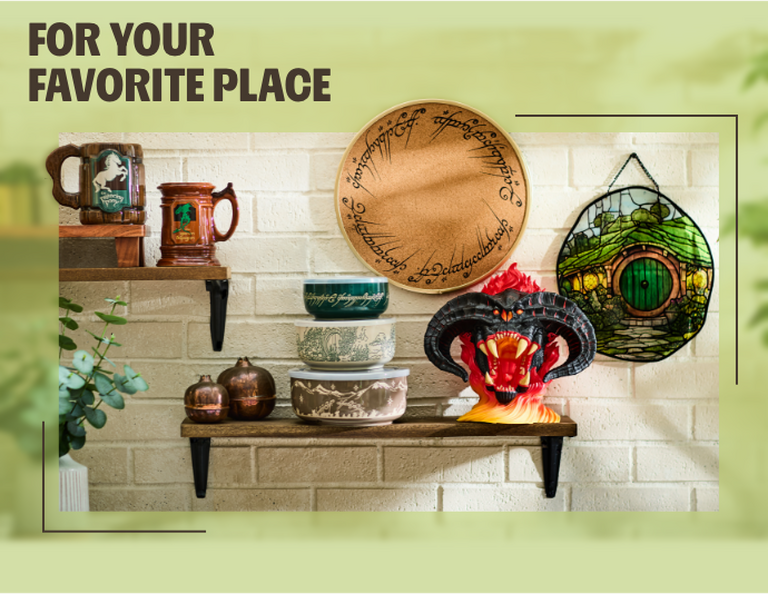 Shelves with mugs, bowls, and decor, with “FOR YOUR FAVORITE PLACE” text above.