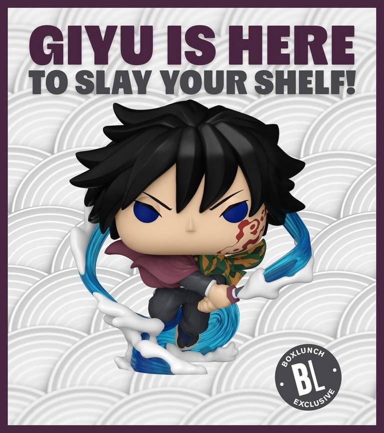 Giyu anime figure with blue water swirl effect, with text “GIYU IS HERE To SLAY YOUR SHELF!”. Shop Now.