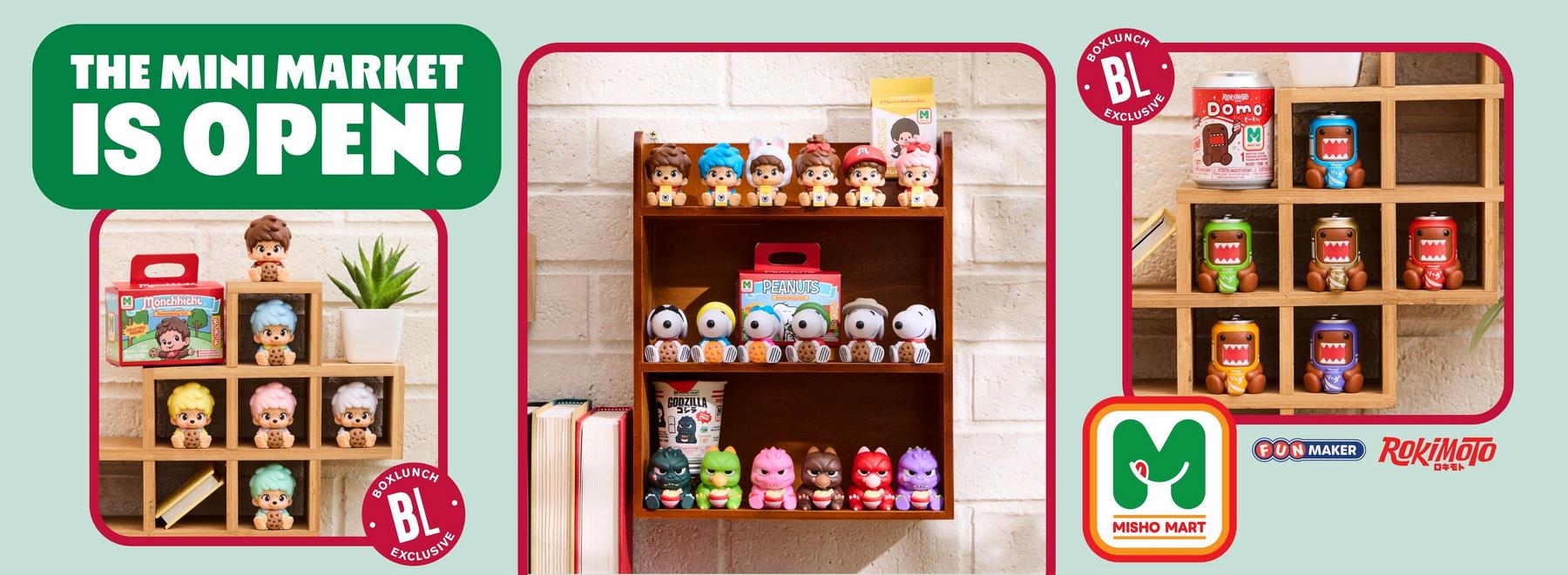 Misho Mart Mini Market display with toy figures and collectible mini items on wooden shelves. Shop Now.