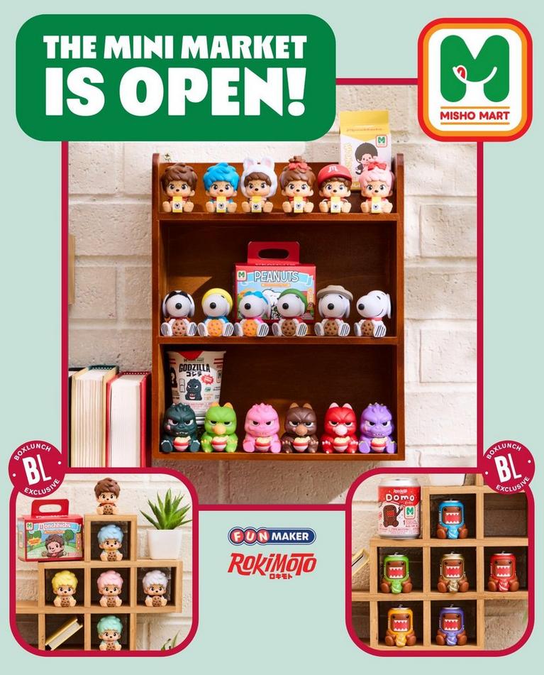 Misho Mart Mini Market display with toy figures and collectible mini items on wooden shelves. Shop Now.