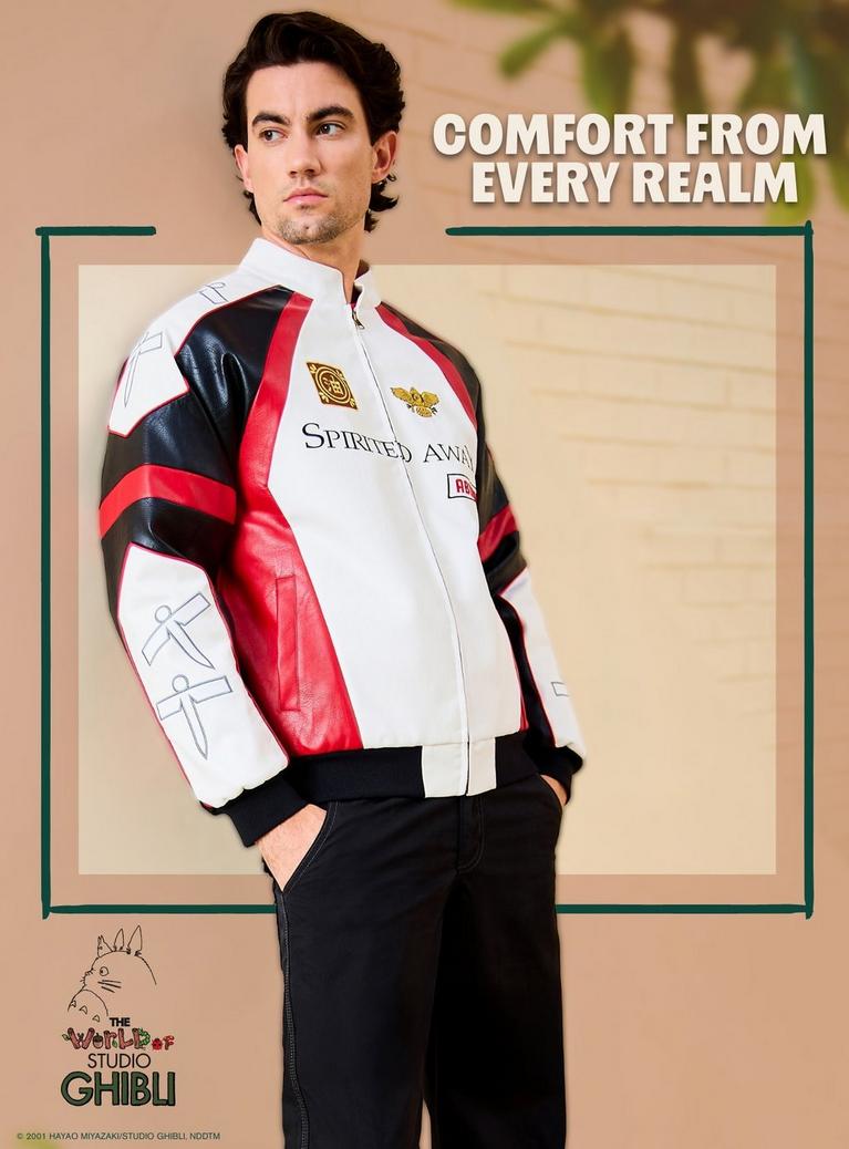 Model wearing a Spirited Away moto jacket, with text “COMFORT FROM EVERY REALM”. Shop Now.