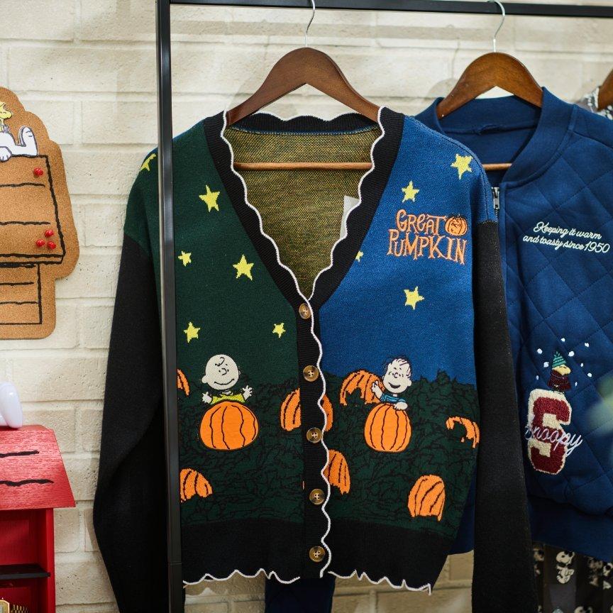 Peanuts “Great Pumpkin” cardigan with Charlie Brown and Linus pumpkin pattern on hanger. Shop Now.