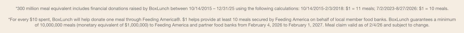 Small print disclaimer text about BoxLunch donations and Feeding America meal equivalents.