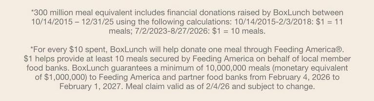 BoxLunch donation and meal-equivalent disclaimer text about Feeding America and meal calculations.