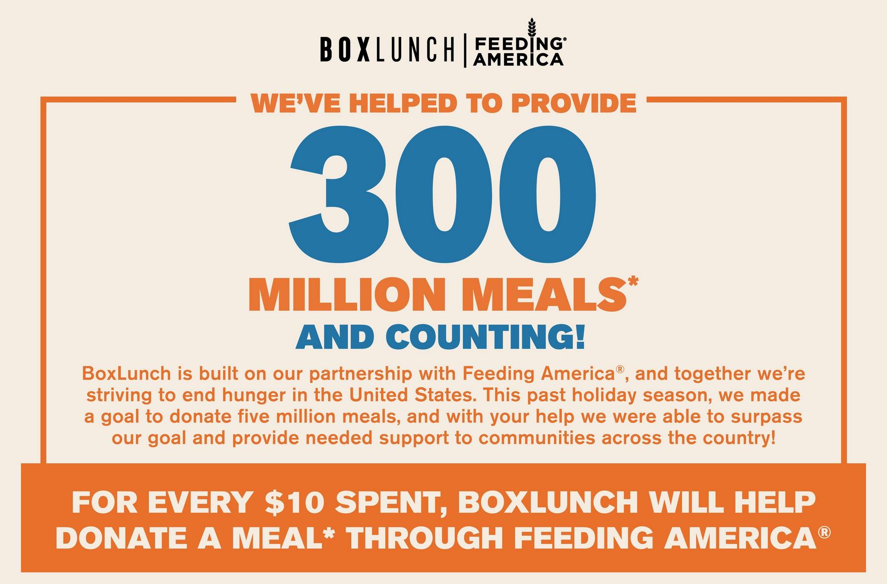 BoxLunch and Feeding America graphic stating 300 million meals provided and counting.