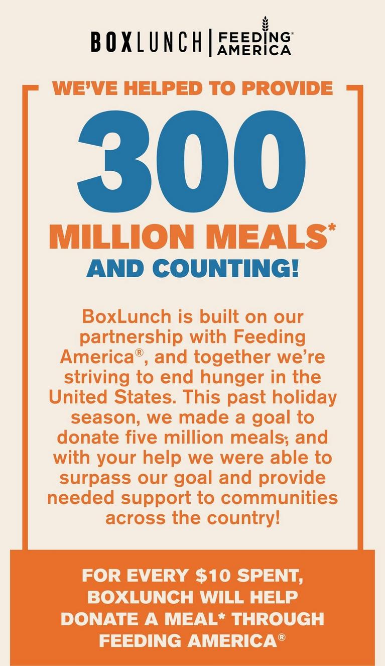 BoxLunch and Feeding America graphic promoting “300 million meals and counting!”.