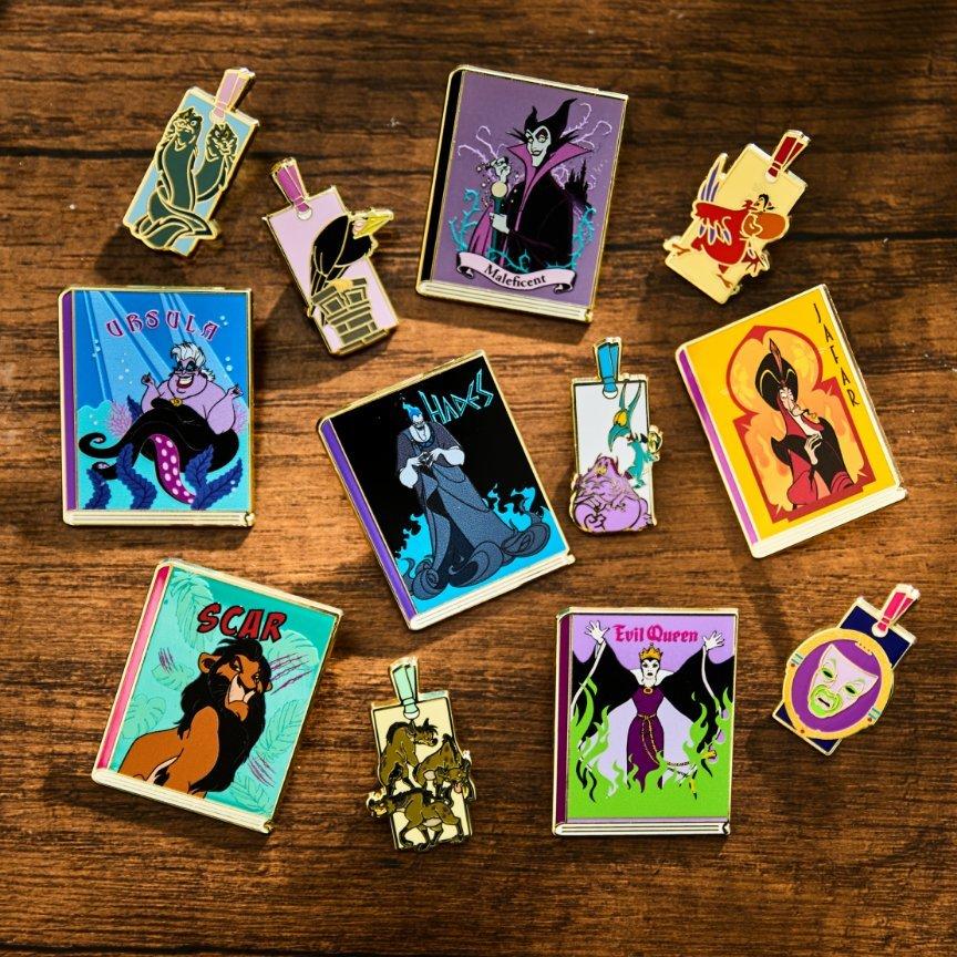 Disney Villains-themed enamel pins and mini book pins featuring Maleficent, Scar, and Ursula. Shop Now.