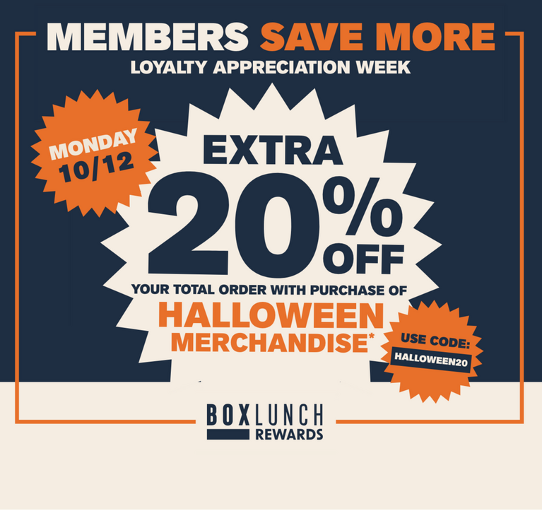 BoxLunch Rewards promo: extra 20% off Halloween merchandise, code HALLOWEEN20, Monday 10/12.