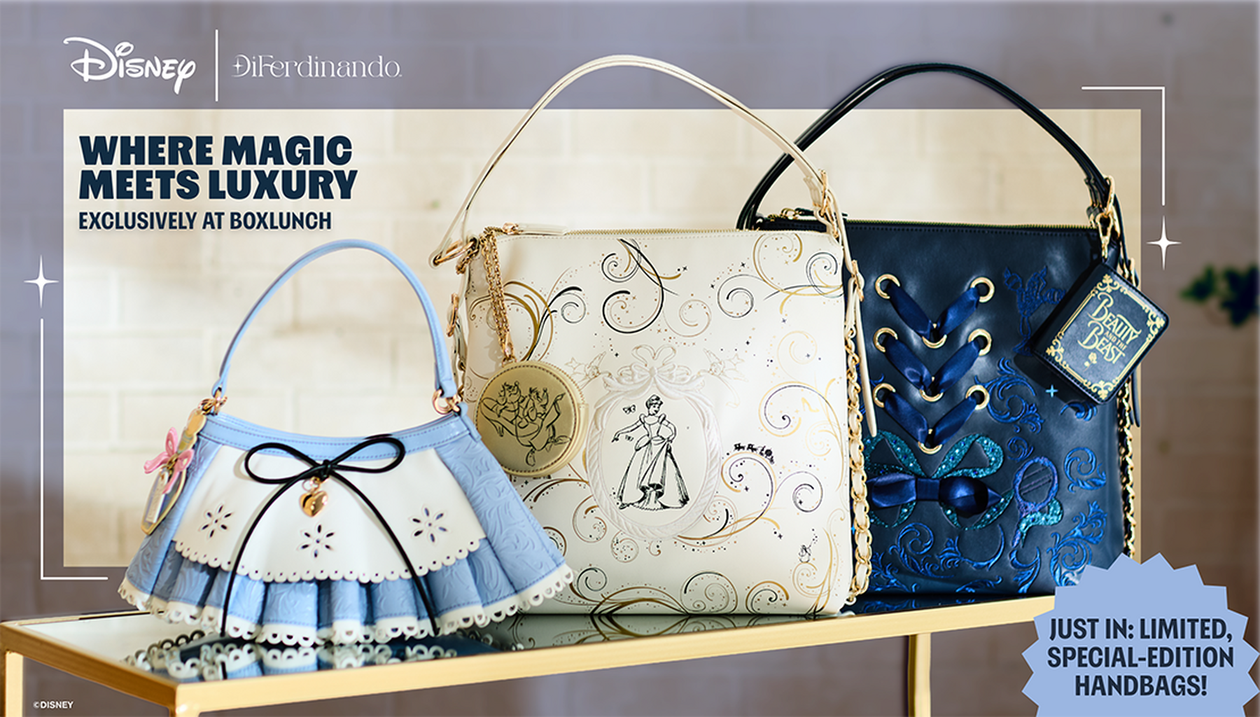 Three Disney x Diferdinando handbags, including a blue bag and two lace-up styles. Shop Now.