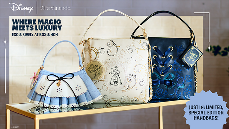 Three Disney x Diferdinando handbags, including a blue bag and two lace-up styles. Shop Now.