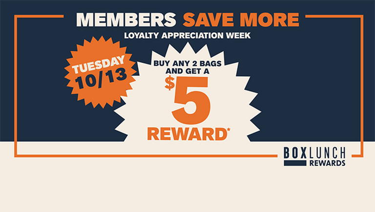 BoxLunch Rewards promo: “Buy any 2 bags and get a $5 reward” for Members Save More, Tuesday 10/13. Shop Now.