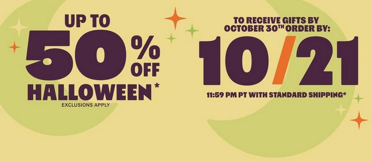 Promotional graphic reading “UP TO 50% OFF HALLOWEEN*” with “EXCLUSIONS APPLY.” Shop Now.