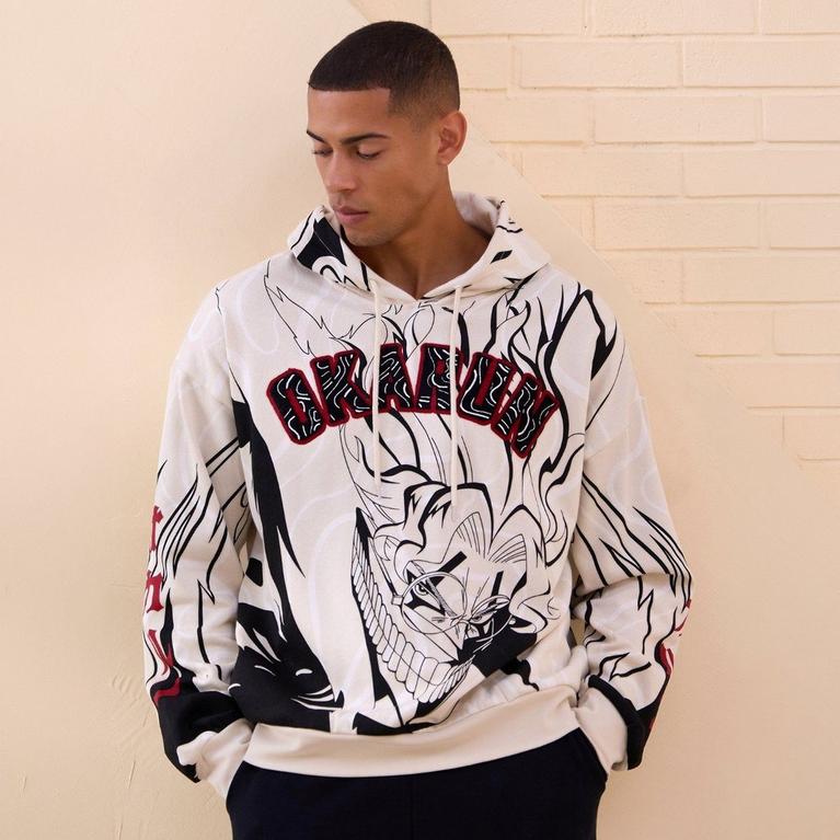  Model wearing a white hoodie with red Okarun lettering and anime character print. Shop Now.