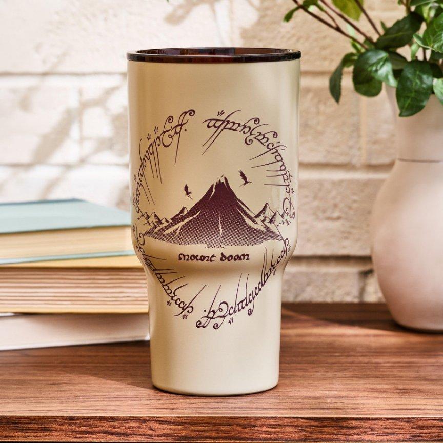 Cream Mount Doom One Ring Travel Mug tumbler. Shop Now.