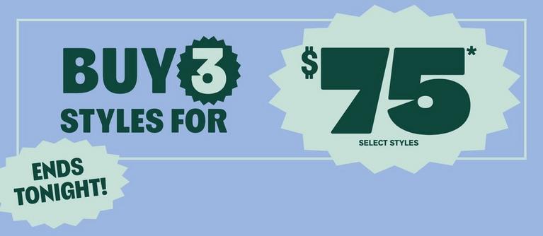 Promotional banner text: “Ends tonight! Buy 3 styles for $75+” and “FREE standard shipping*”. Shop Now.