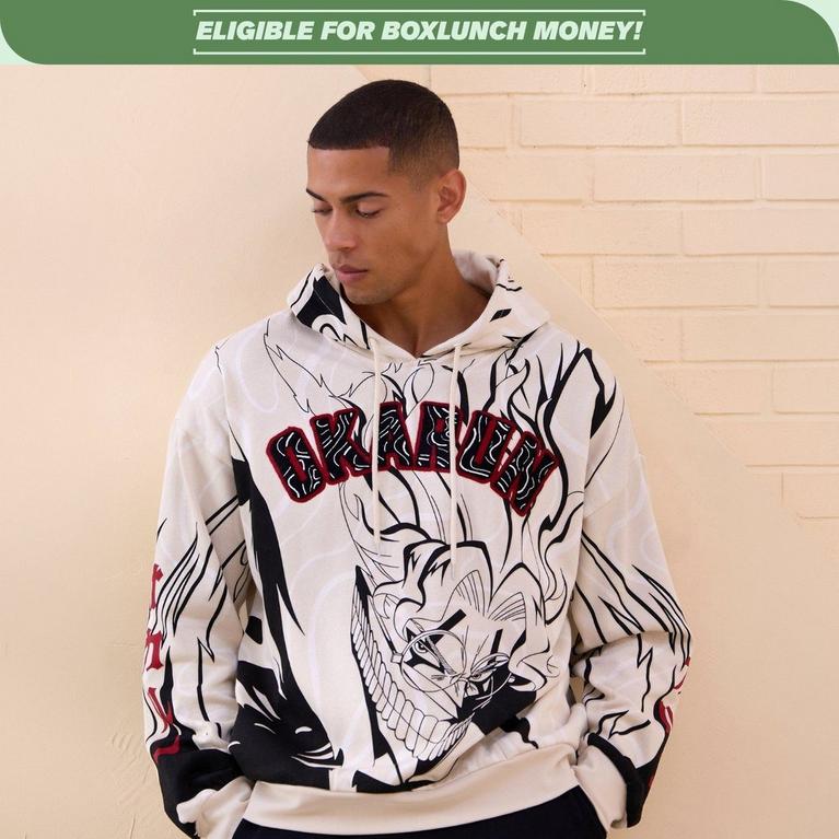  Model wearing a white hoodie with red Okarun lettering and anime character print under “ELIGIBLE FOR BOXLUNCH MONEY!” banner. Shop Now.