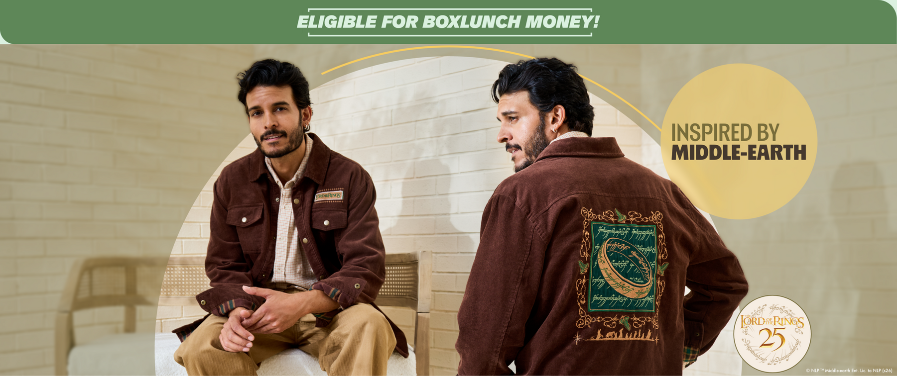 Man wearing brown jacket with embroidered Lord of the Rings ring design on back. Shop Now.