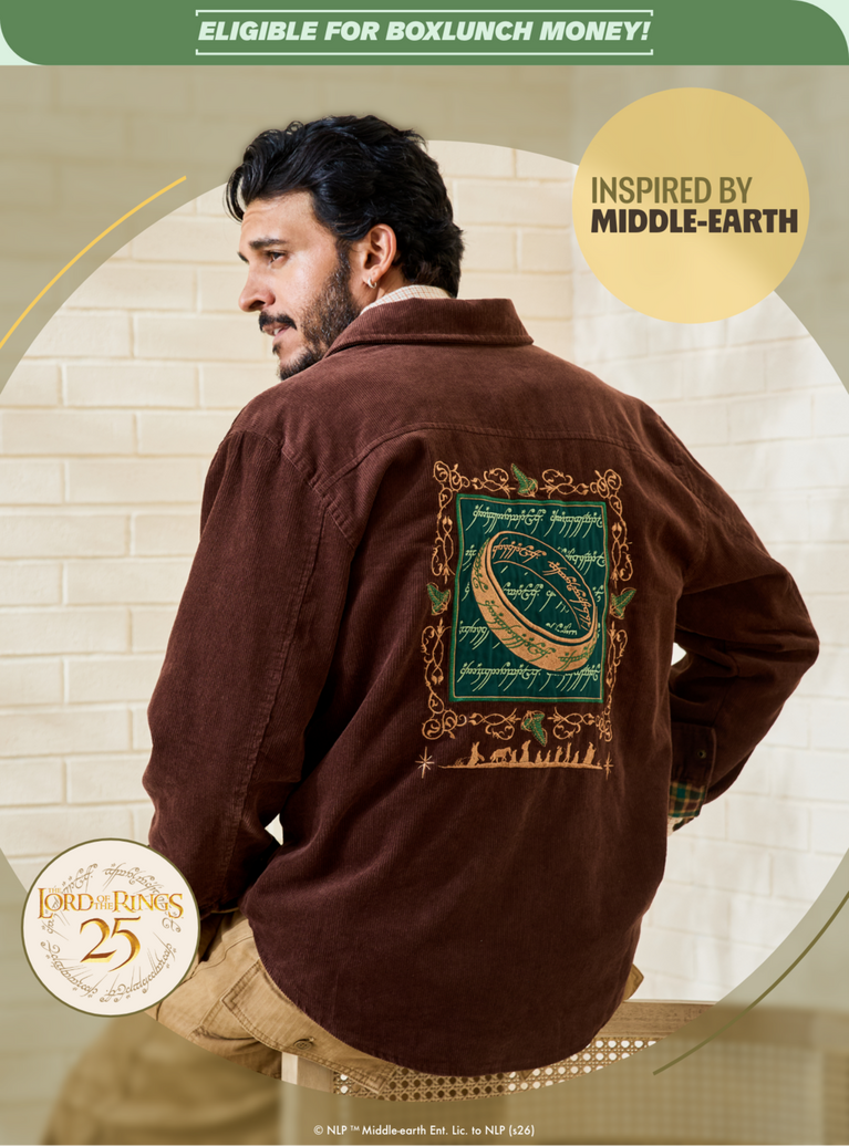 Man wearing brown jacket with embroidered Lord of the Rings ring design on back. Shop Now.