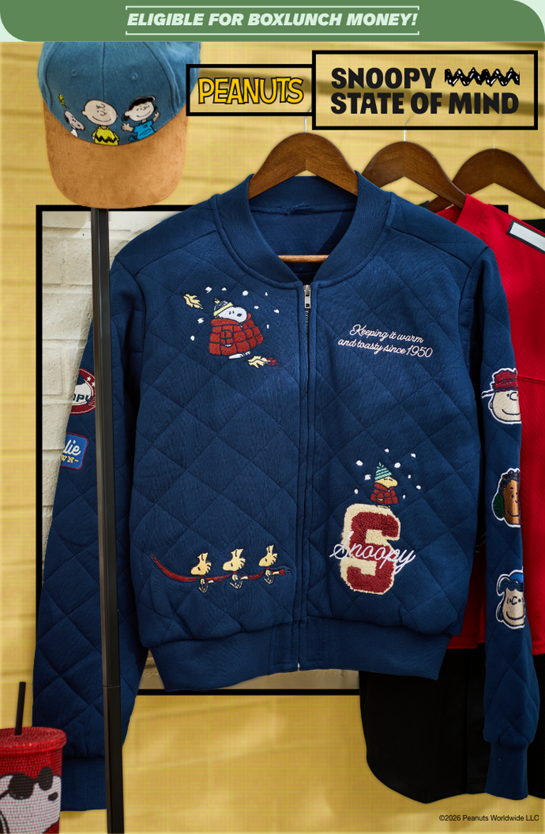 Peanuts apparel on hangers: quilted Snoopy jacket, black graphic T-shirt, and Snoopy print dress. Shop Now.