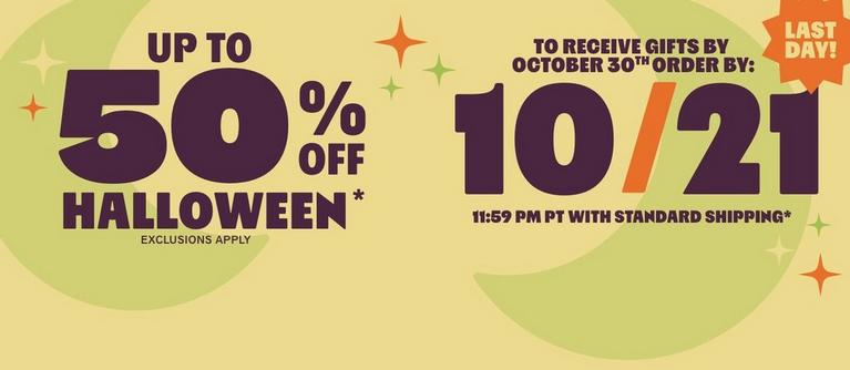 Promotional graphic reading “UP TO 50% OFF HALLOWEEN*” with “EXCLUSIONS APPLY.” Shop Now.