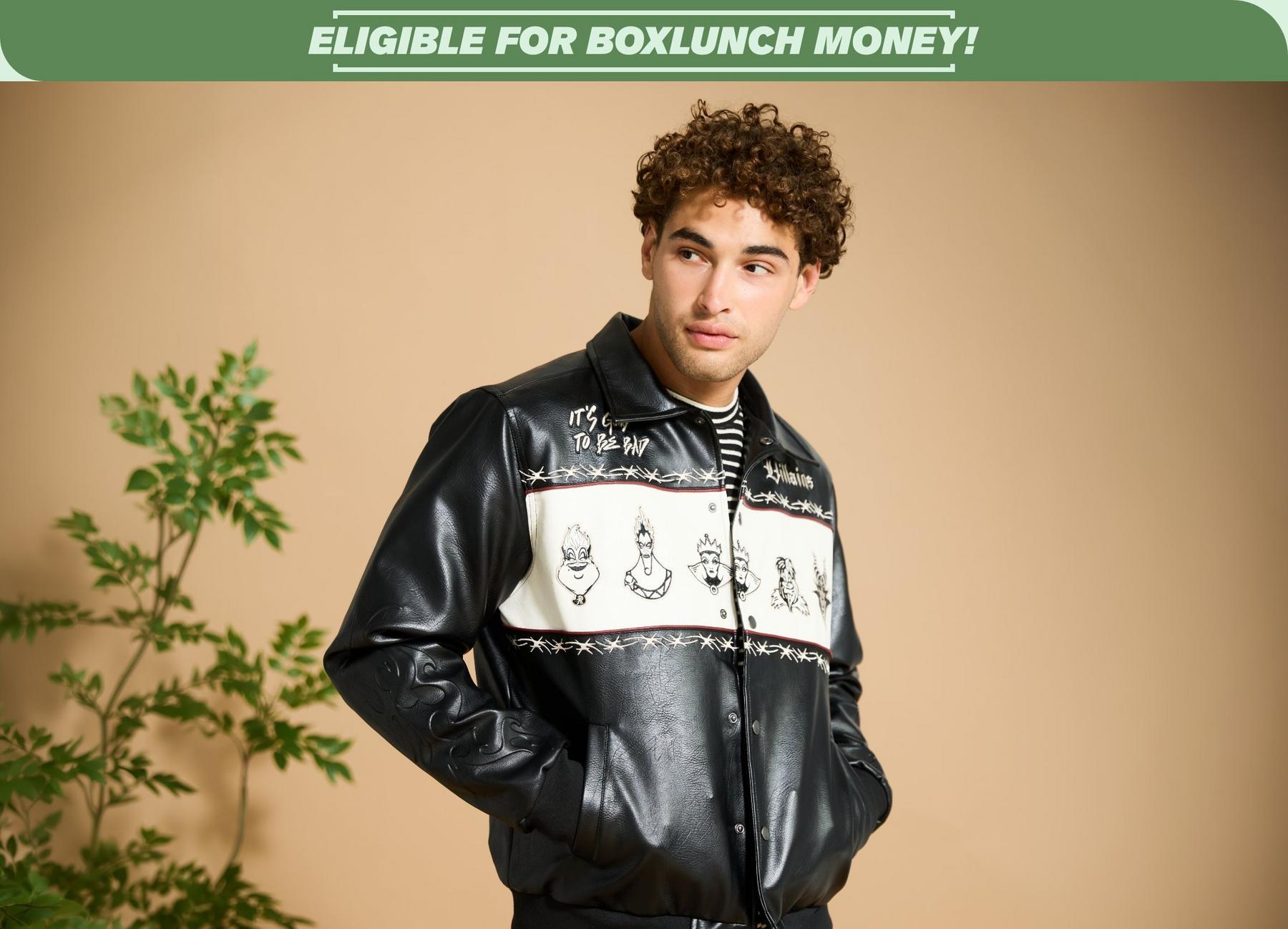 Model wearing black leather-look jacket with Disney villains artwork panel under “ELIGIBLE FOR BOXLUNCH MONEY!” banner. Shop Now.