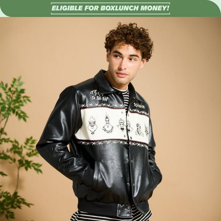 Model wearing black leather-look jacket with Disney villains artwork panel under “ELIGIBLE FOR BOXLUNCH MONEY!” banner. Shop Now.