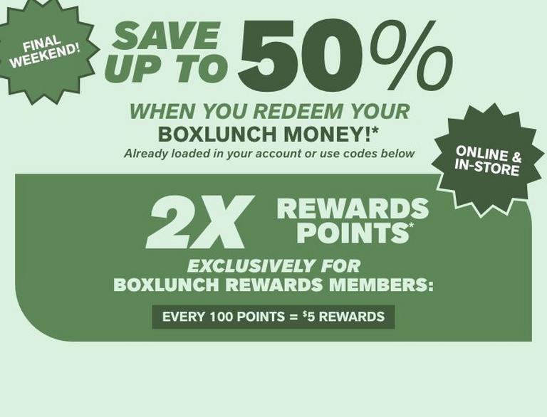 BoxLunch promo banner with “Save up to 50%,” and “Earn 2X rewards points.” Shop Now.