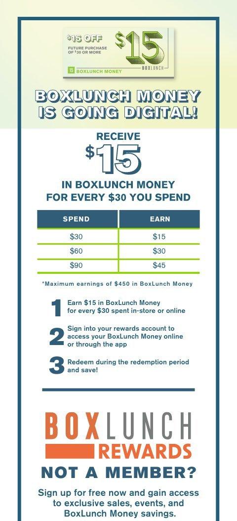 Get $15 for every $30 you spend. Sign in to use your digital BoxLunch Money