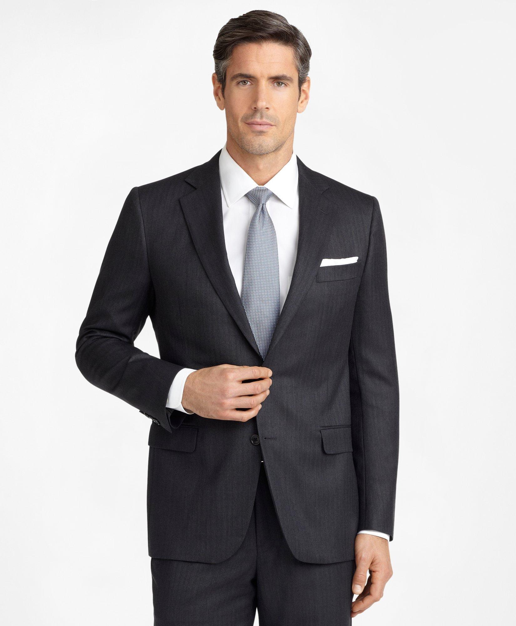 Men's Regular Fit Saxxon™ Wool Grey Herringbone 1818 Suit | Brooks