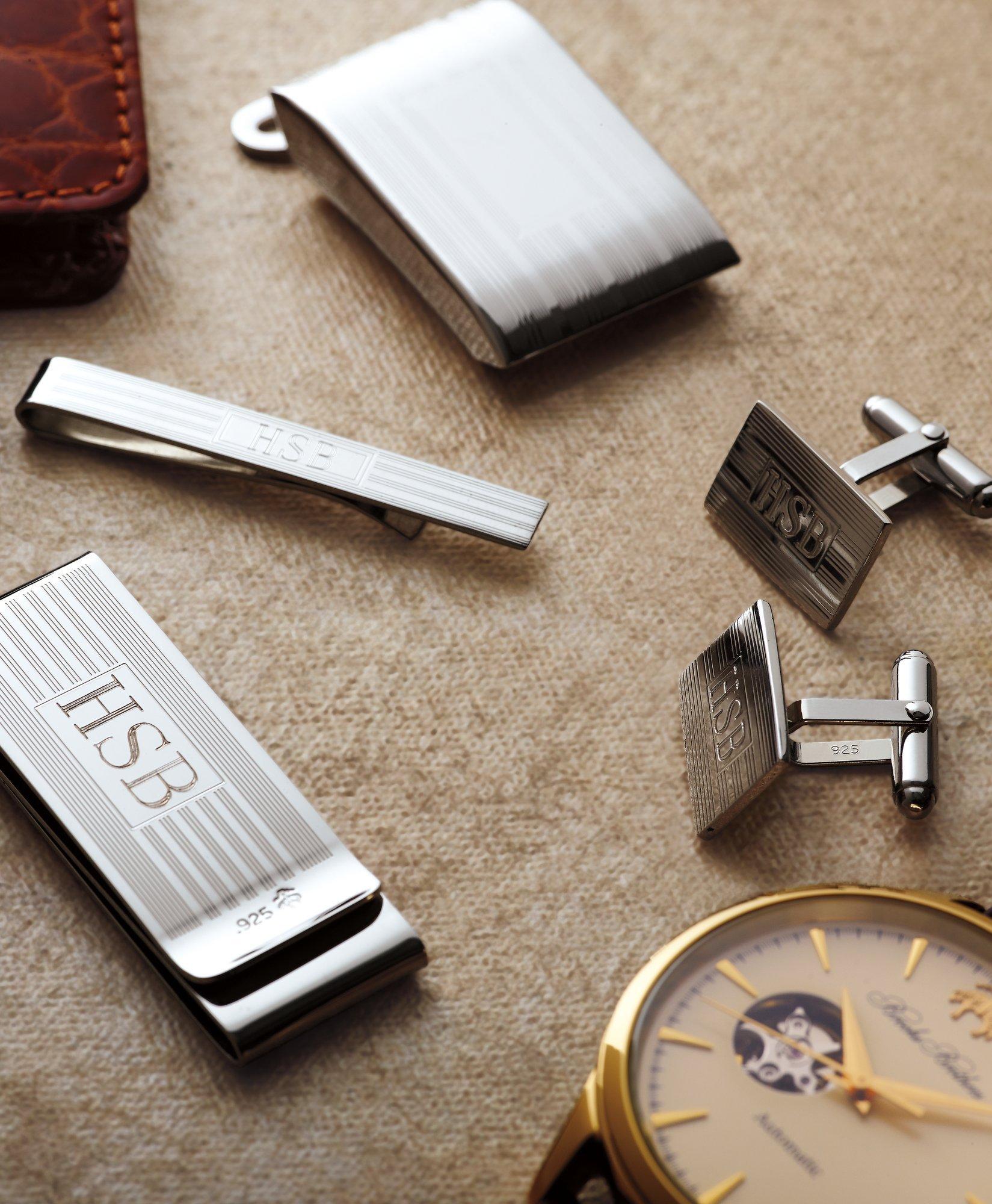 Engraved Silver Cufflink & Tie Clip Set Engraved for Him 