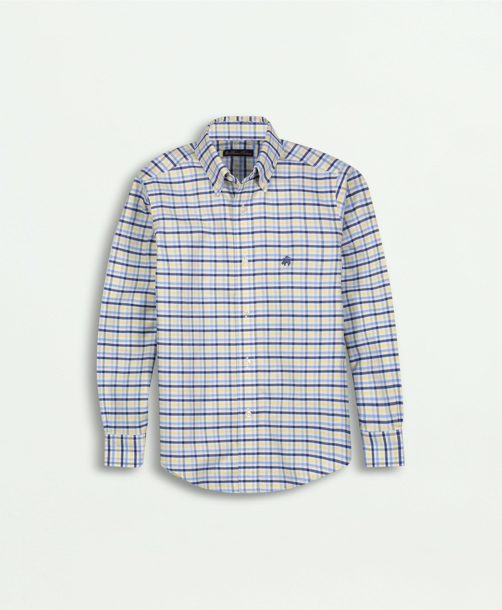 Boys Non-Iron Stretch Cotton Oxford Multicolored Plaid Sport Shirt, image 1