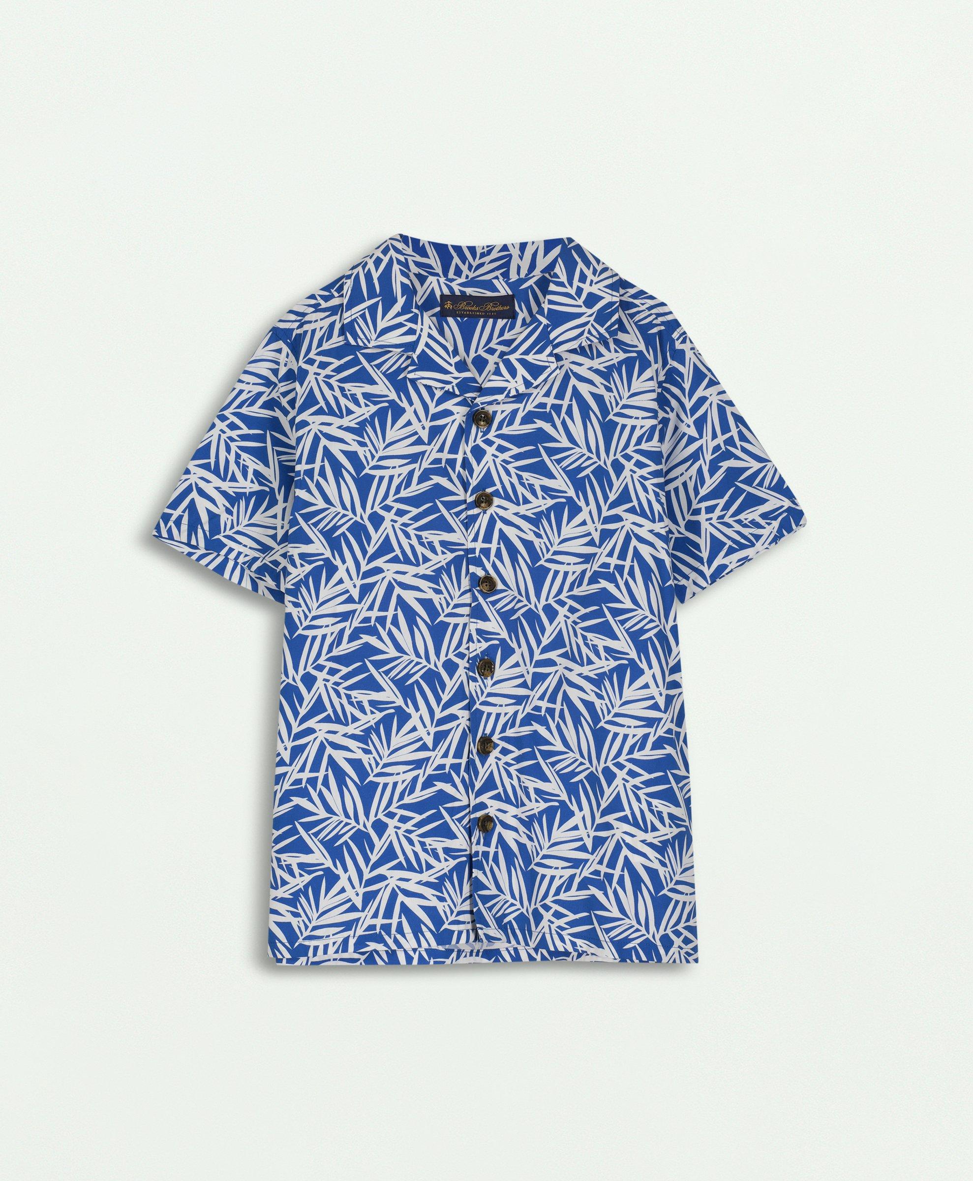 Boys Tropical Palm Print Camp Collar Shirt, image 1