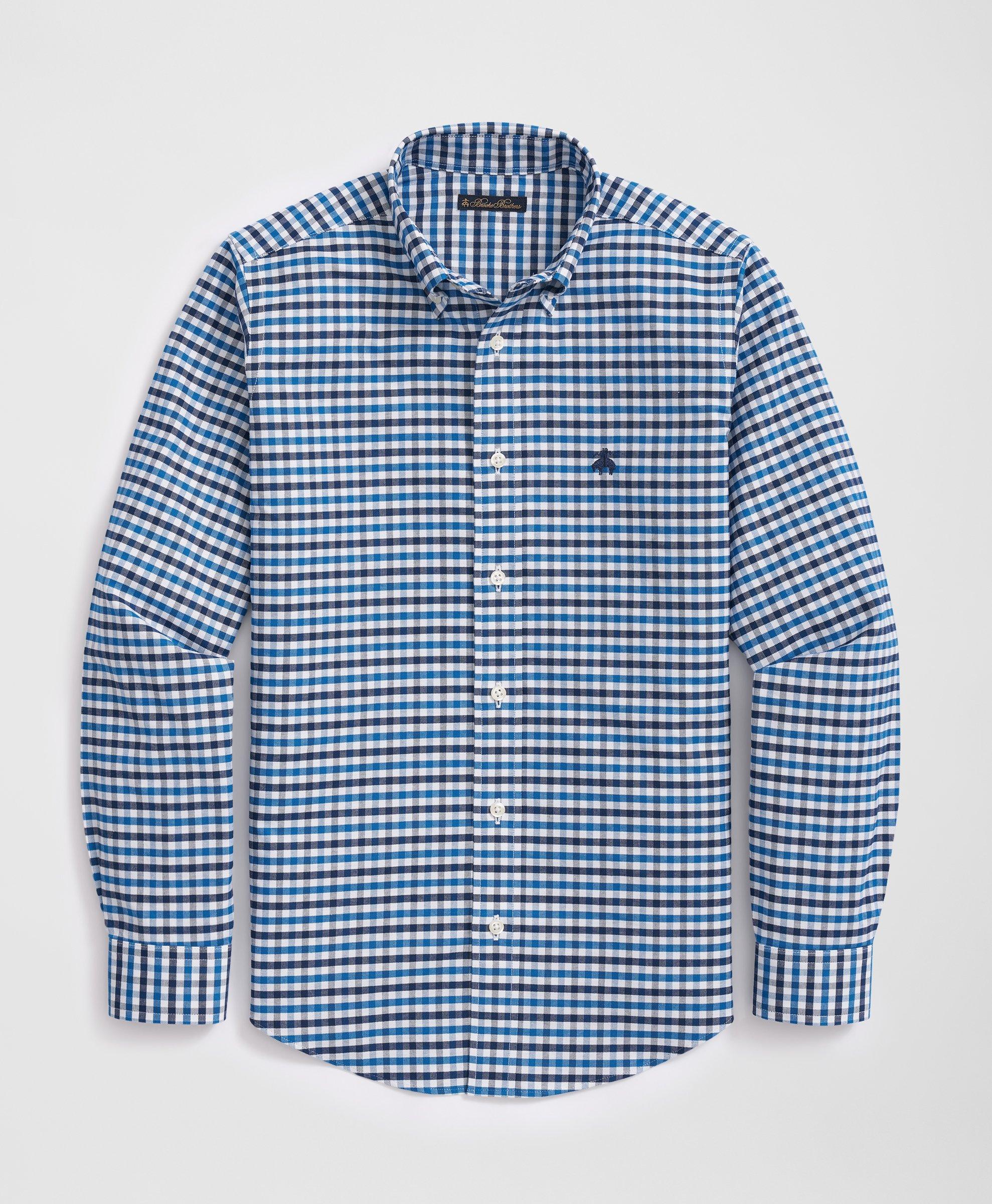 Brooks Brothers Boys Stretch Cotton Non-iron Oxford Polo Button Down Collar Gingham Shirt In Blue